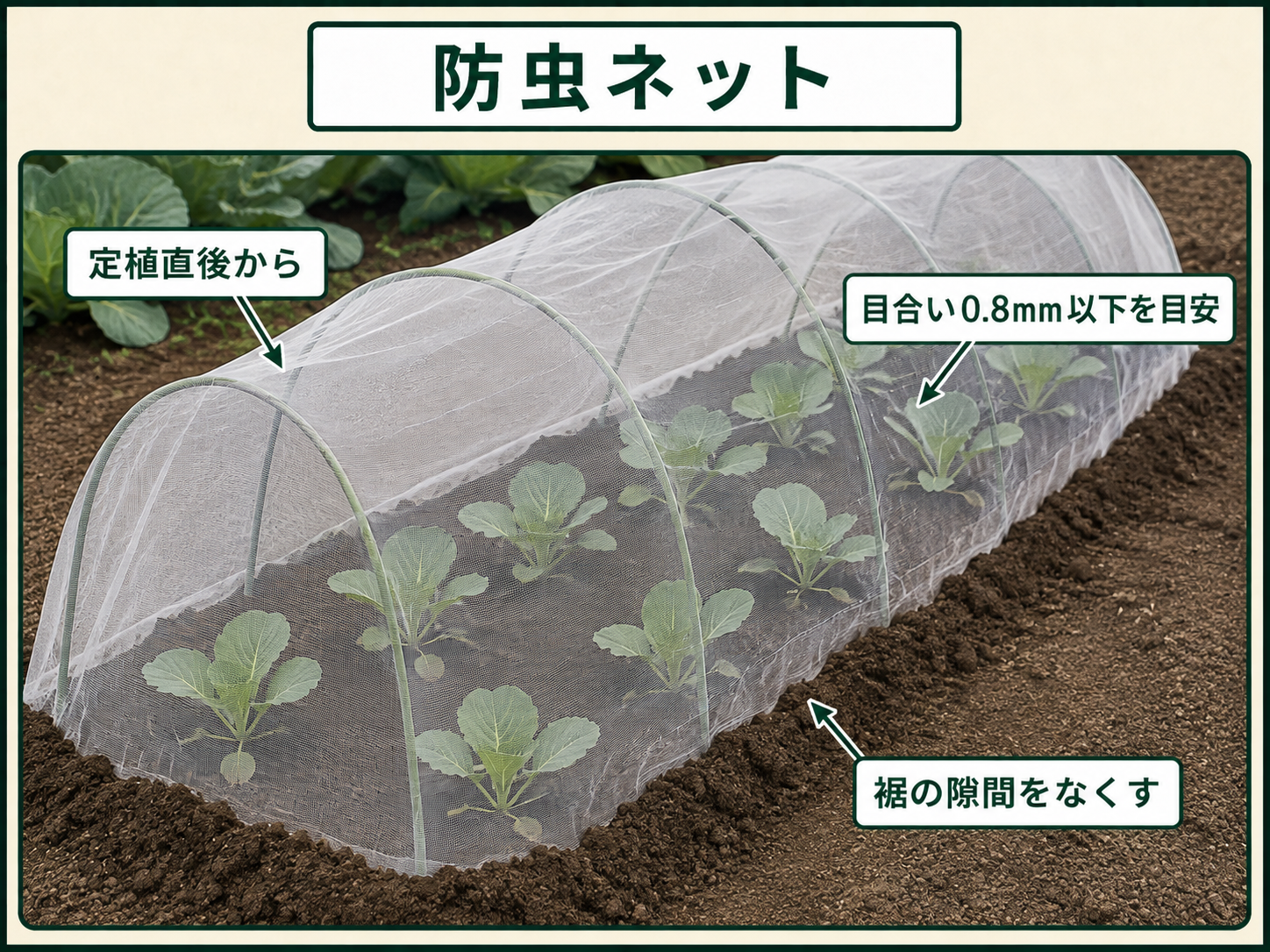 定植直後のキャベツを0.8mm以下の防虫ネットで守る方法
