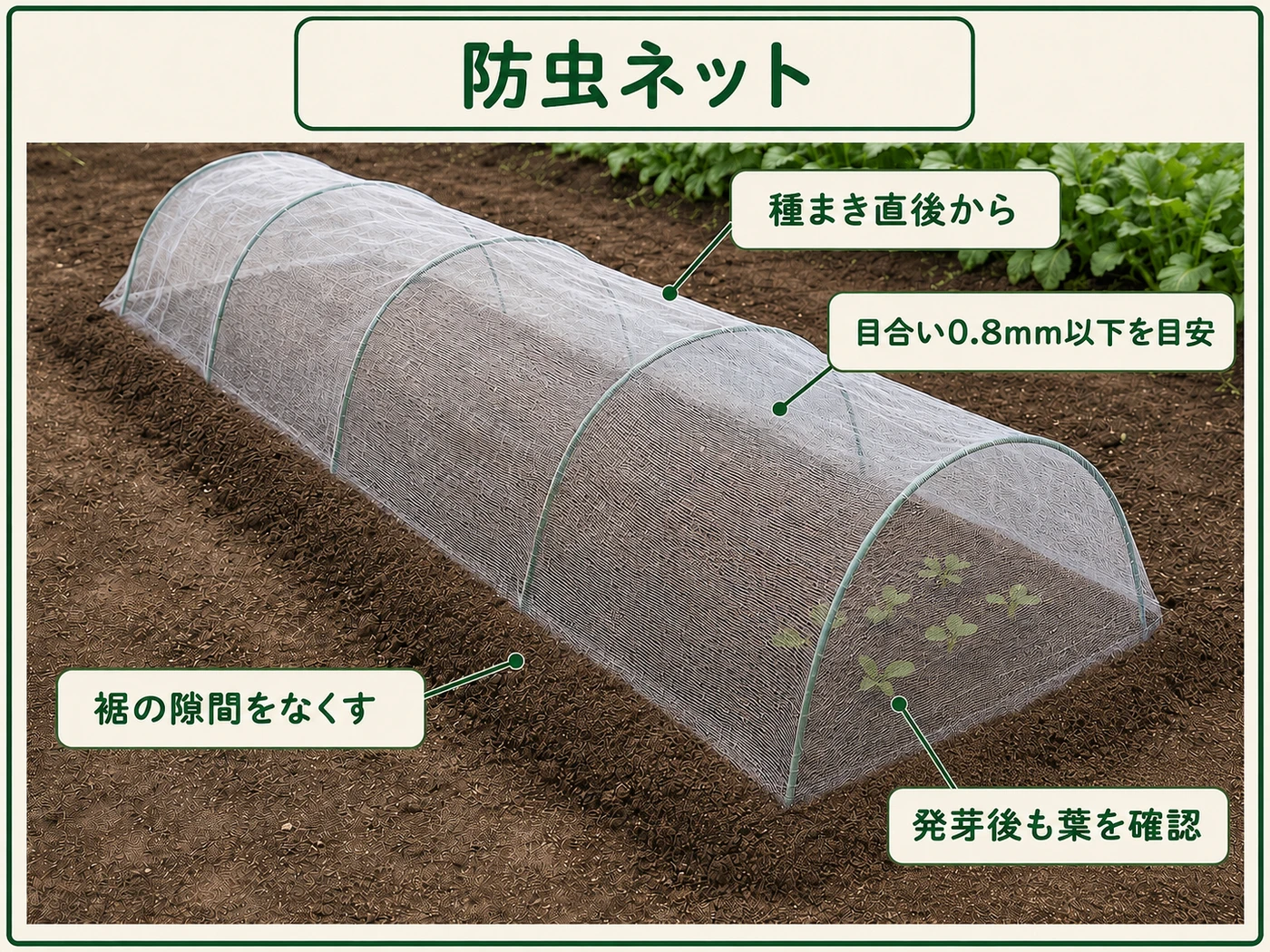 カブの種まき直後から0.8mm以下の防虫ネットを掛けて裾を閉じる方法