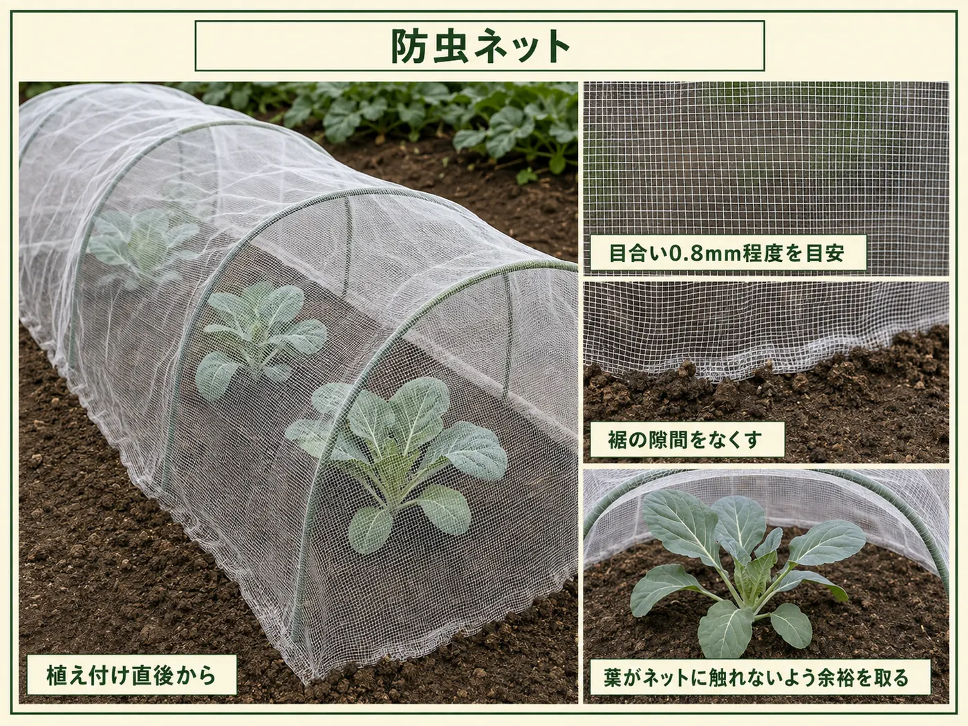 カリフラワーの植え付け直後から0.8mm程度の防虫ネットを掛けて裾を閉じる方法