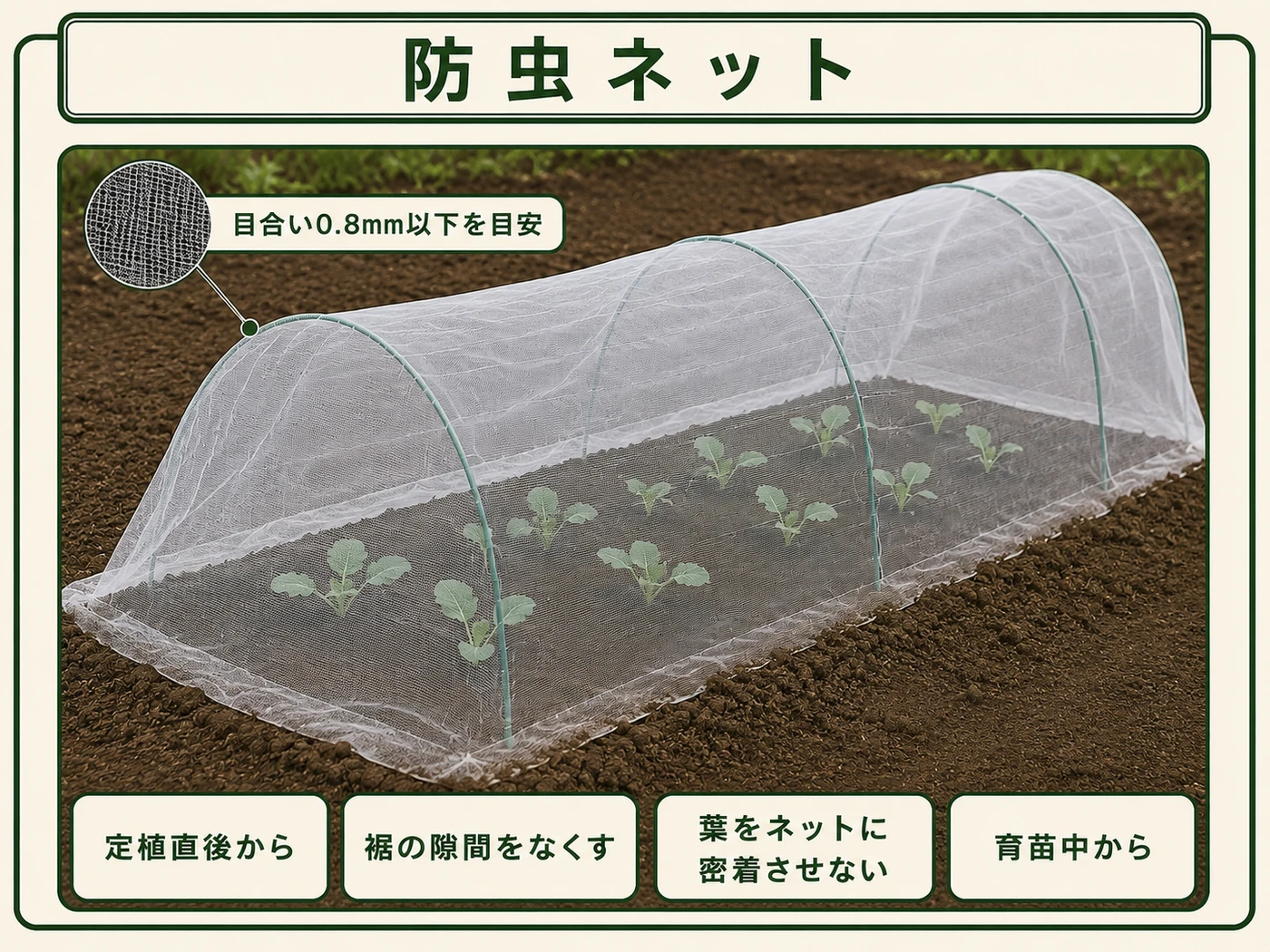 定植直後のブロッコリーを0.8mm以下の防虫ネットで守る方法