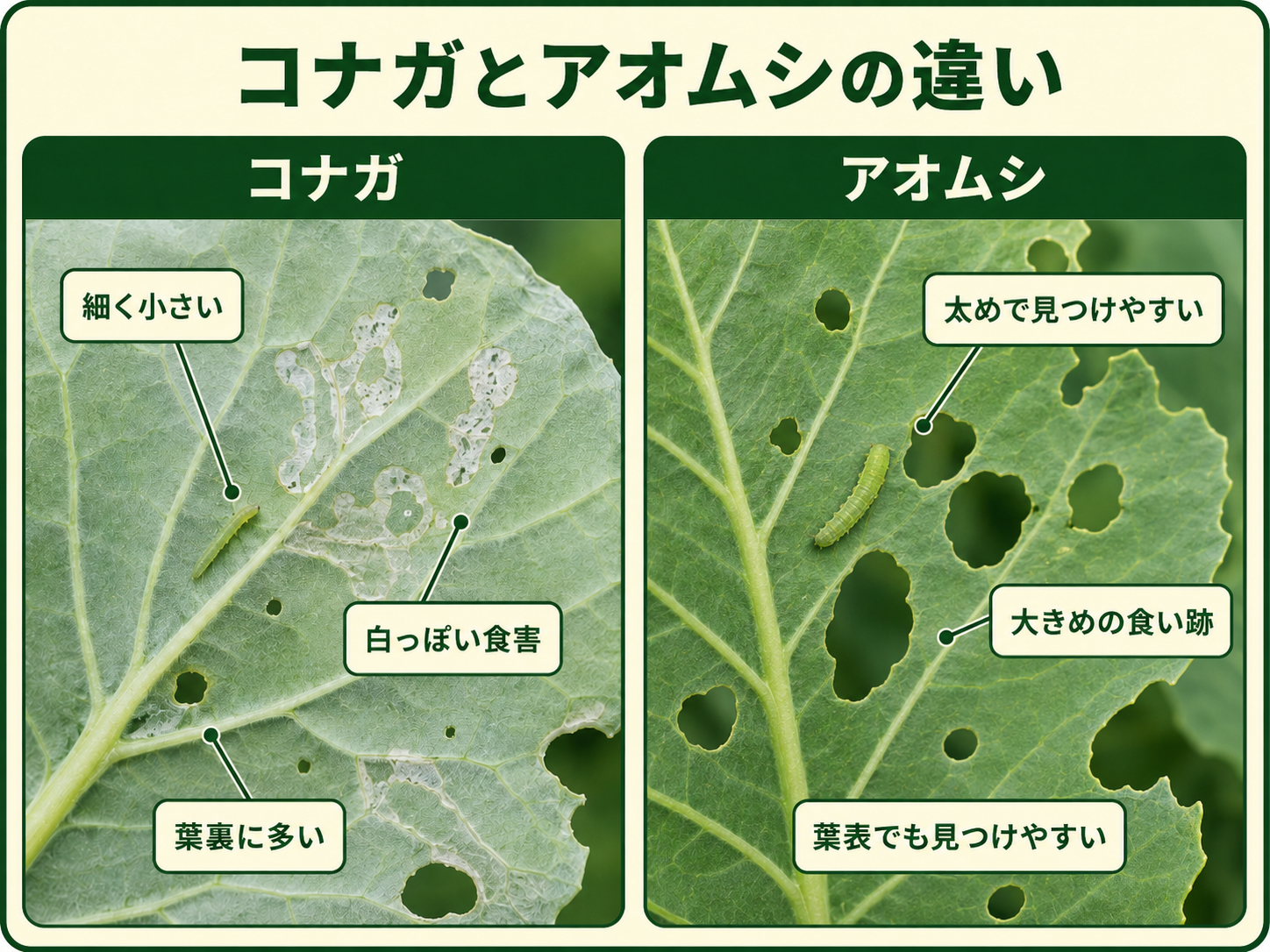 コナガとアオムシの幼虫の大きさと葉の食害の違い