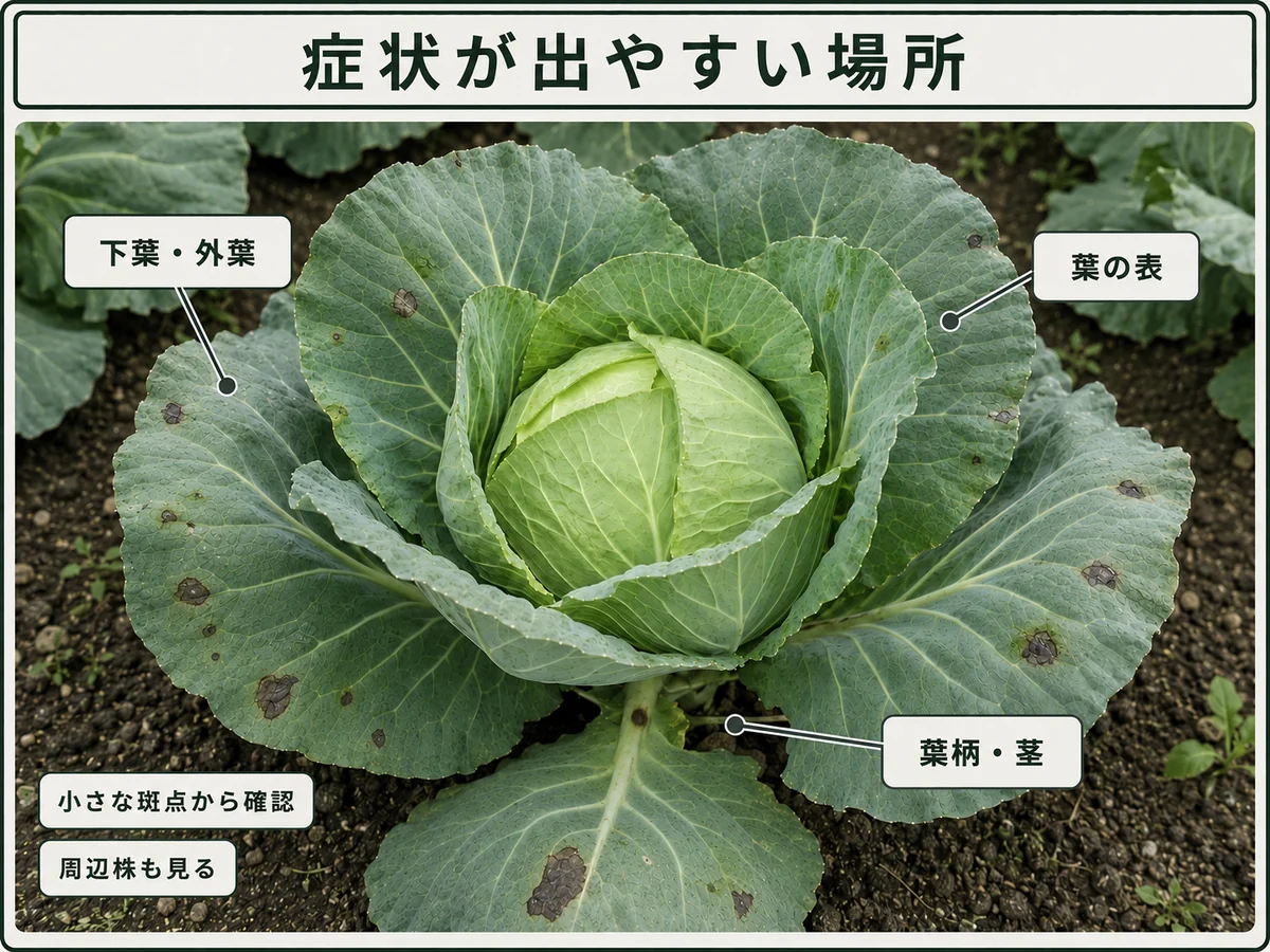 黒斑細菌病の症状が出やすい下葉・外葉、葉の表、葉柄・茎を示したキャベツ