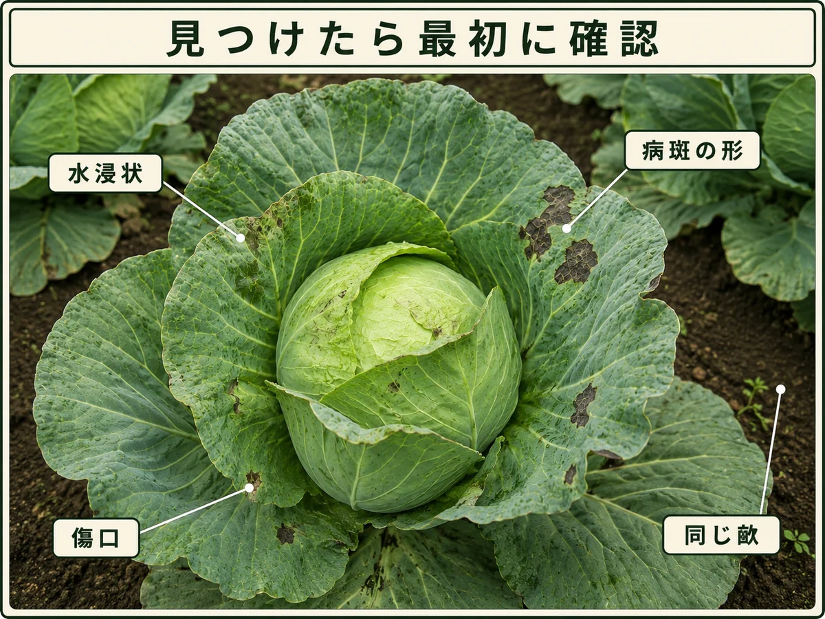 黒斑細菌病を見つけたときに確認する水浸状、病斑の形、傷口、同じ畝を示したキャベツ