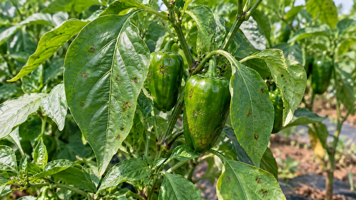 ピーマン斑点細菌病で葉に褐色の小斑点が広がり果実にも斑点が出た株