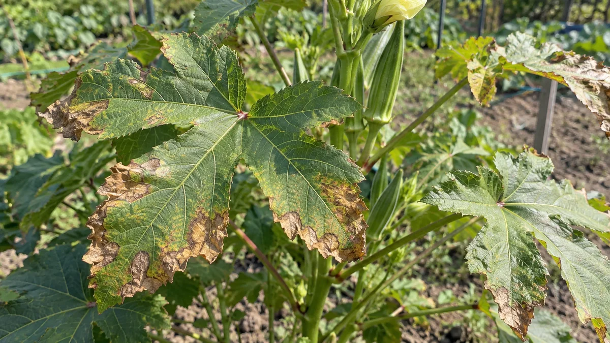 オクラ葉枯細菌病で葉縁や葉脈間に不整形の褐色病斑が出た株
