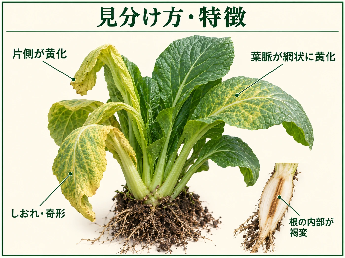 コマツナ萎黄病の見分け方として葉脈の網状黄化、片側に強い黄化、葉の奇形を示した図解