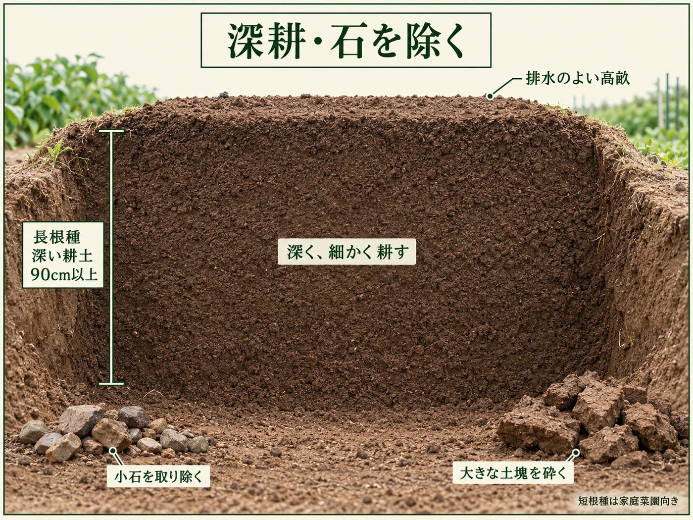 ゴボウ栽培で深く耕して石や土塊を取り除き排水を整える土づくり