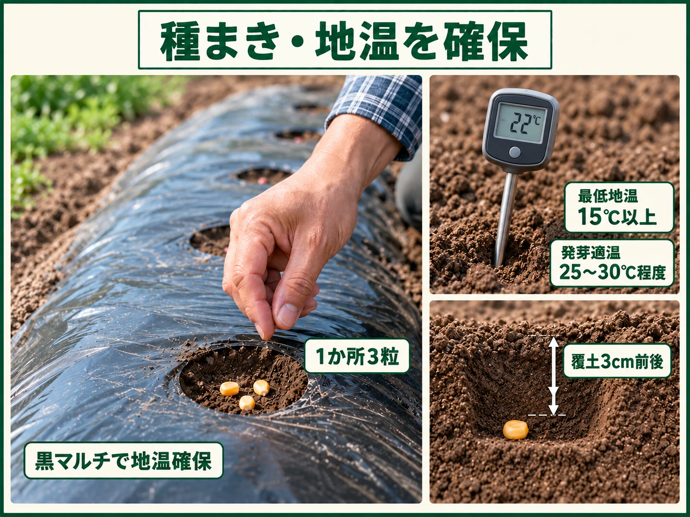トウモロコシを最低地温15℃以上の暖かい土へ1か所3粒まき覆土3cm前後で種まきする方法