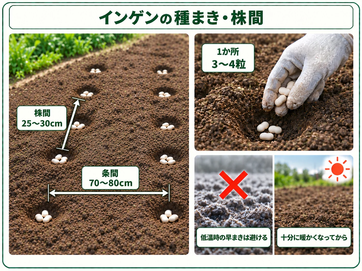つるありインゲンを1か所3〜4粒・株間25〜30cm・条間70〜80cmで種まきする方法