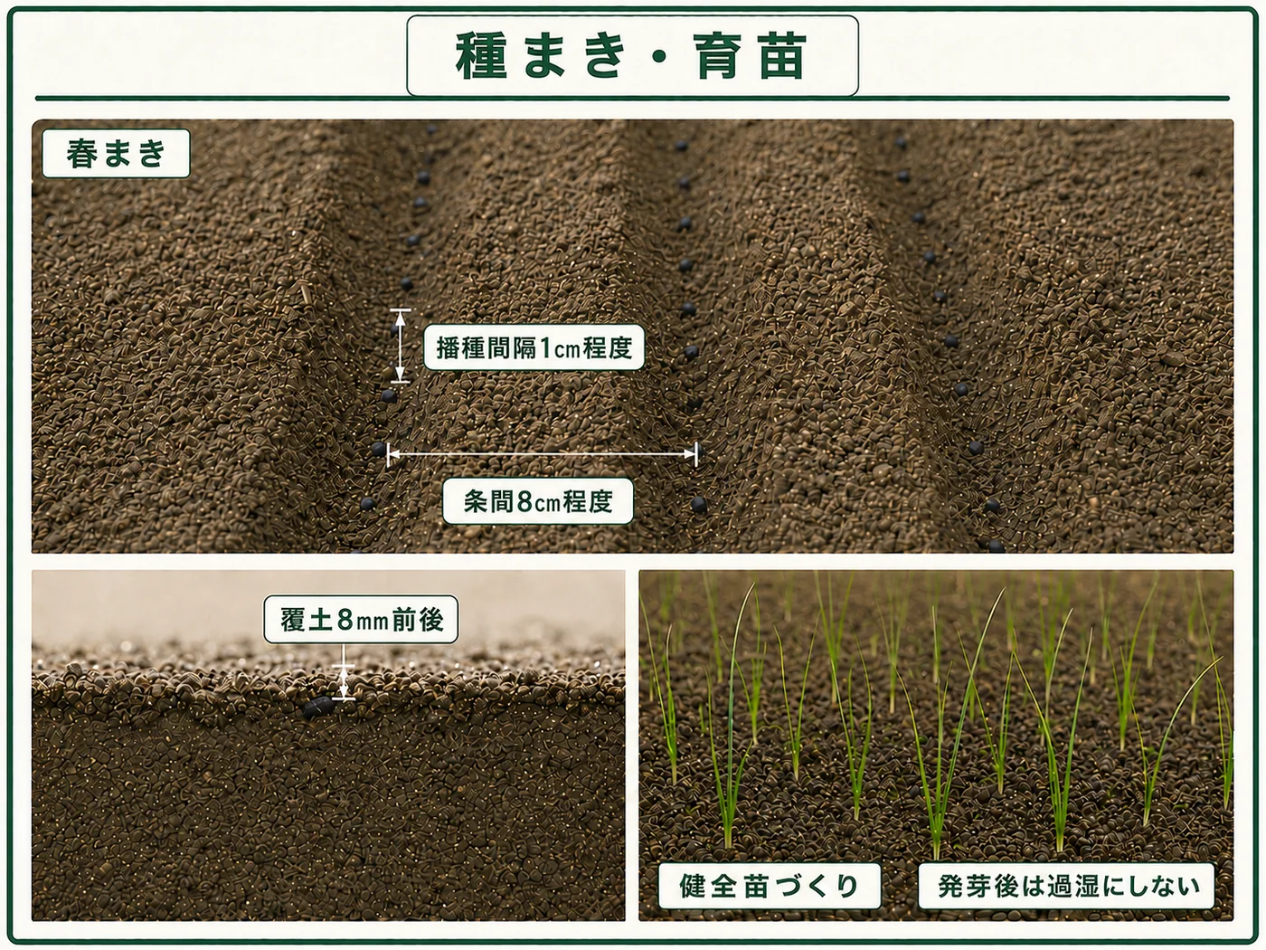 タマネギを苗床へ播種間隔1cm、条間8cm、覆土8mm前後で春まきする方法