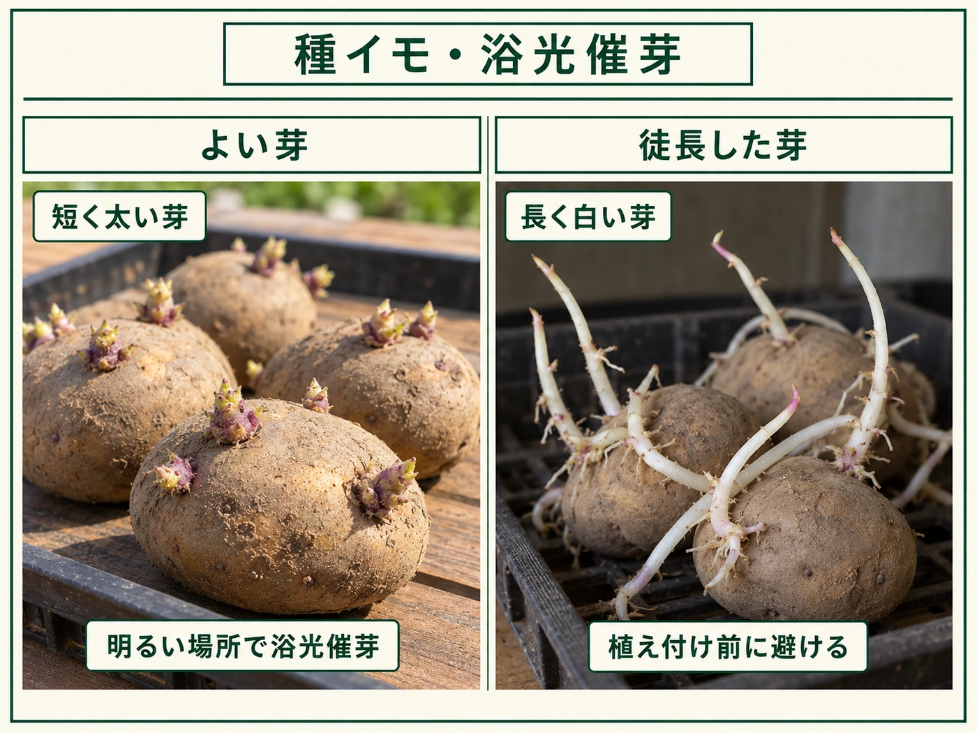ジャガイモの短く太いよい芽と長く白く徒長した芽の比較