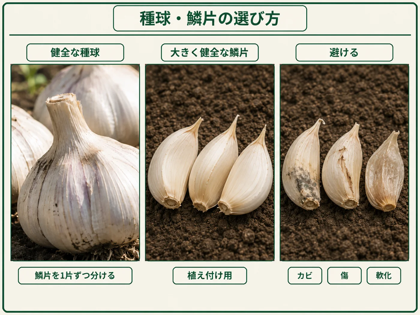 ニンニクの健全な種球を鱗片に分け、大きい健全な1片を選ぶ方法