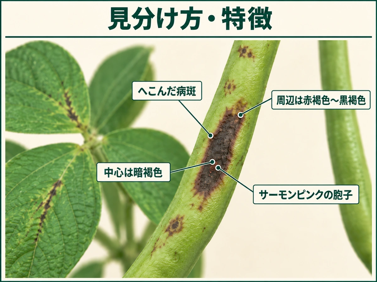 インゲン炭疽病の見分け方として莢のへこんだ黒褐色病斑、赤褐色の縁、暗褐色の中心、小黒点やサーモンピンク色の胞子塊を示した図解