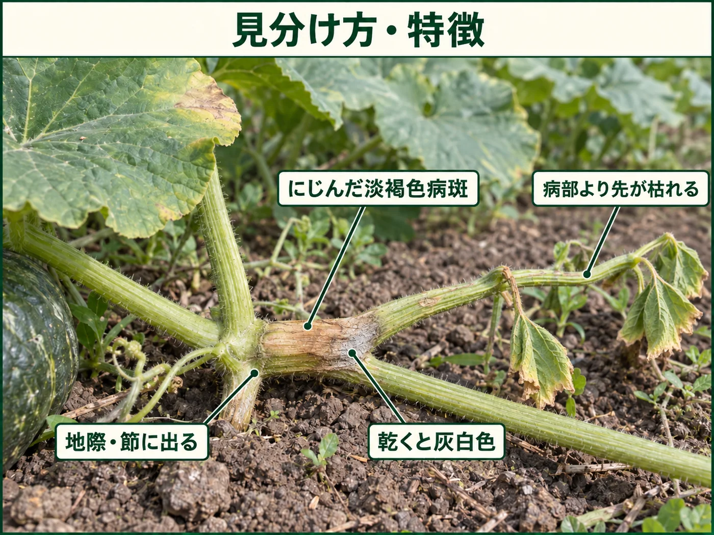カボチャつる枯病の見分け方として地際や節に出るにじんだ淡褐色病斑、乾くと灰白色になる病変、病部より先のつるが枯れる様子を示した図解