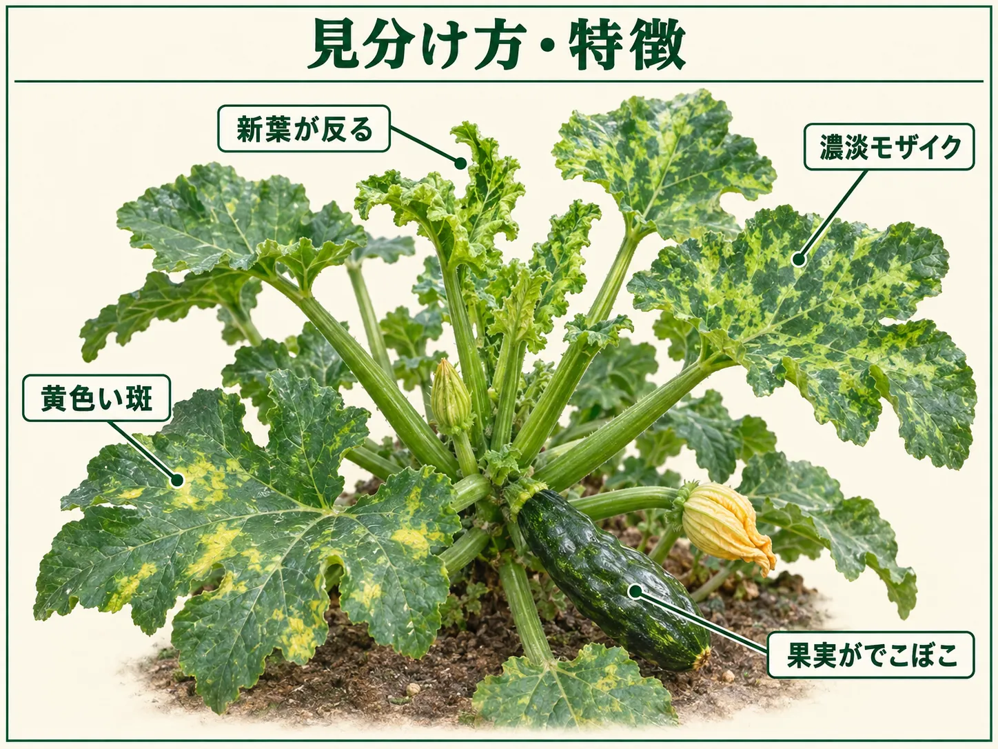 ズッキーニウイルス病の見分け方として新葉の反り、濃淡モザイク、黄色い斑、果実の凹凸を示した図解