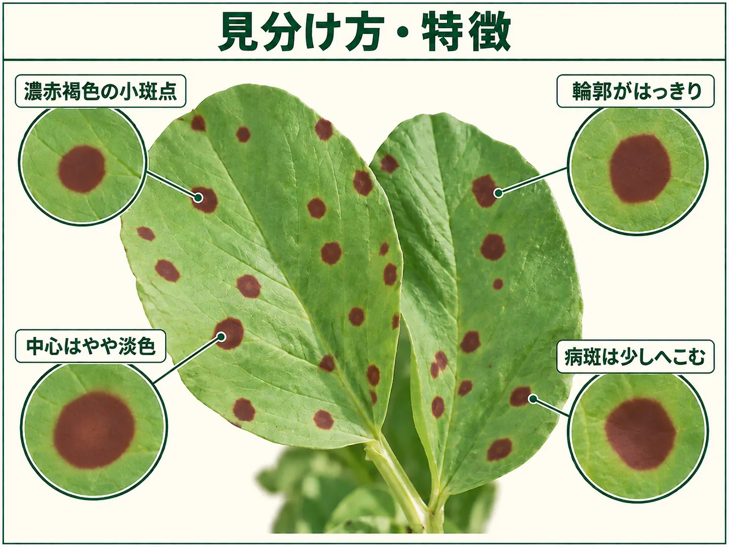 ソラマメ赤色斑点病の見分け方として濃赤褐色の小斑点、明瞭な輪郭、淡色の中心、わずかなへこみを示した図解
