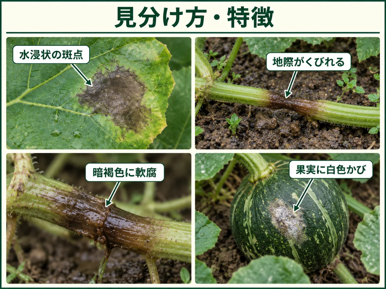カボチャ疫病の見分け方として水浸状の斑点、地際のくびれ、暗褐色の軟腐、果実の白いかびを示した図解