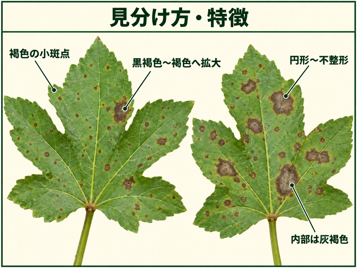 オクラ褐斑病の見分け方として褐色小斑点、黒褐色から褐色への拡大、円形から不整形の病斑、灰褐色の内部を示した図解