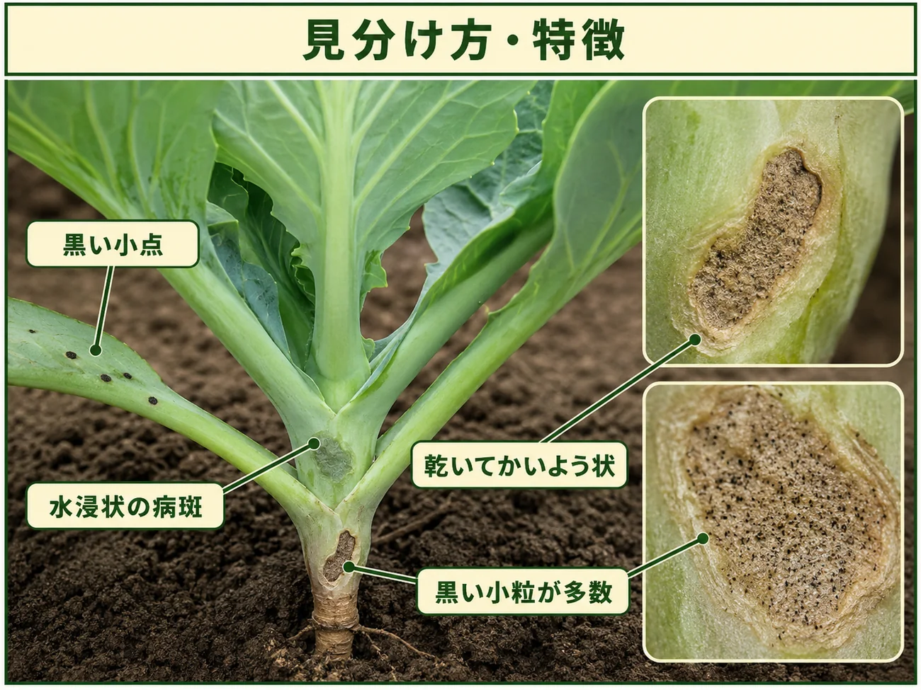 キャベツ根朽病の黒い小点、水浸状病斑、乾いたかいよう状病斑、黒い小粒を示した図解