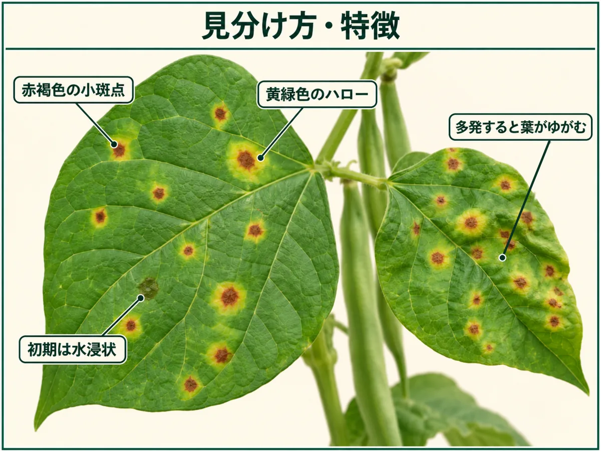 インゲンかさ枯病の見分け方として赤褐色の小斑点、黄緑色のハロー、水浸状病斑、葉のゆがみを示した図解