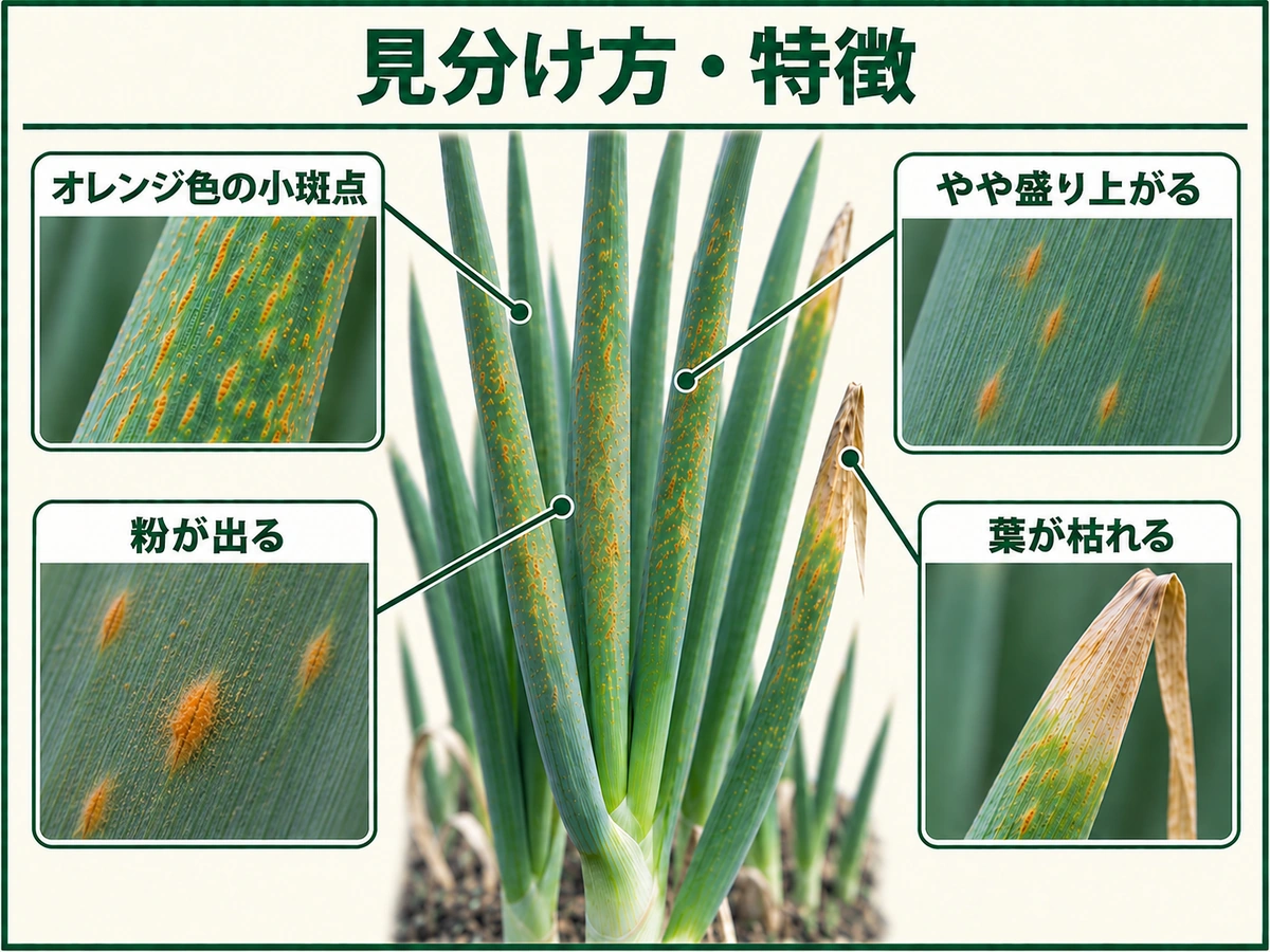 ネギさび病のオレンジ色の小斑点、盛り上がった病斑、粉状胞子、葉枯れを示した図解