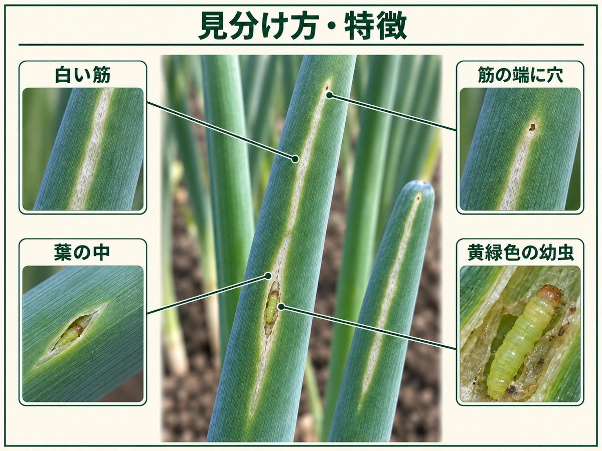 ネギコガの見分け方として白い筋、筋の端の穴、葉の中、黄緑色の幼虫を示した図解