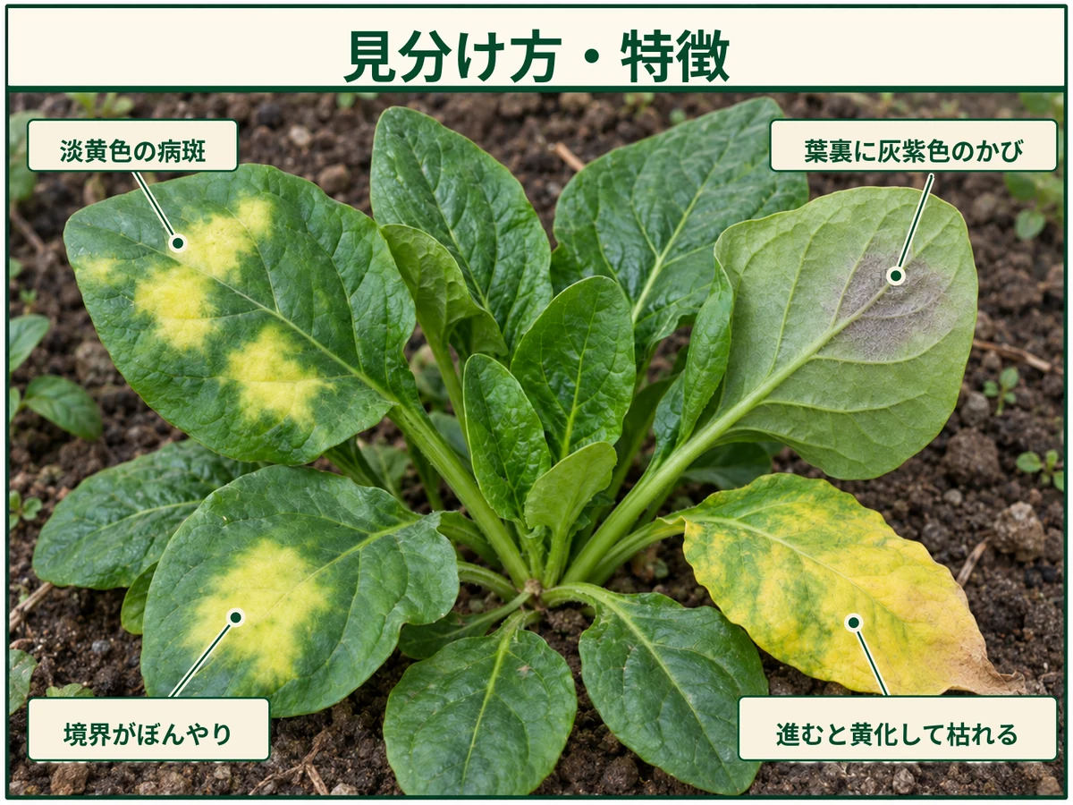 ホウレンソウべと病の見分け方として淡黄色の病斑、境界がぼんやり、葉裏の灰紫色のかび、進むと黄化して枯れる様子を示した図解