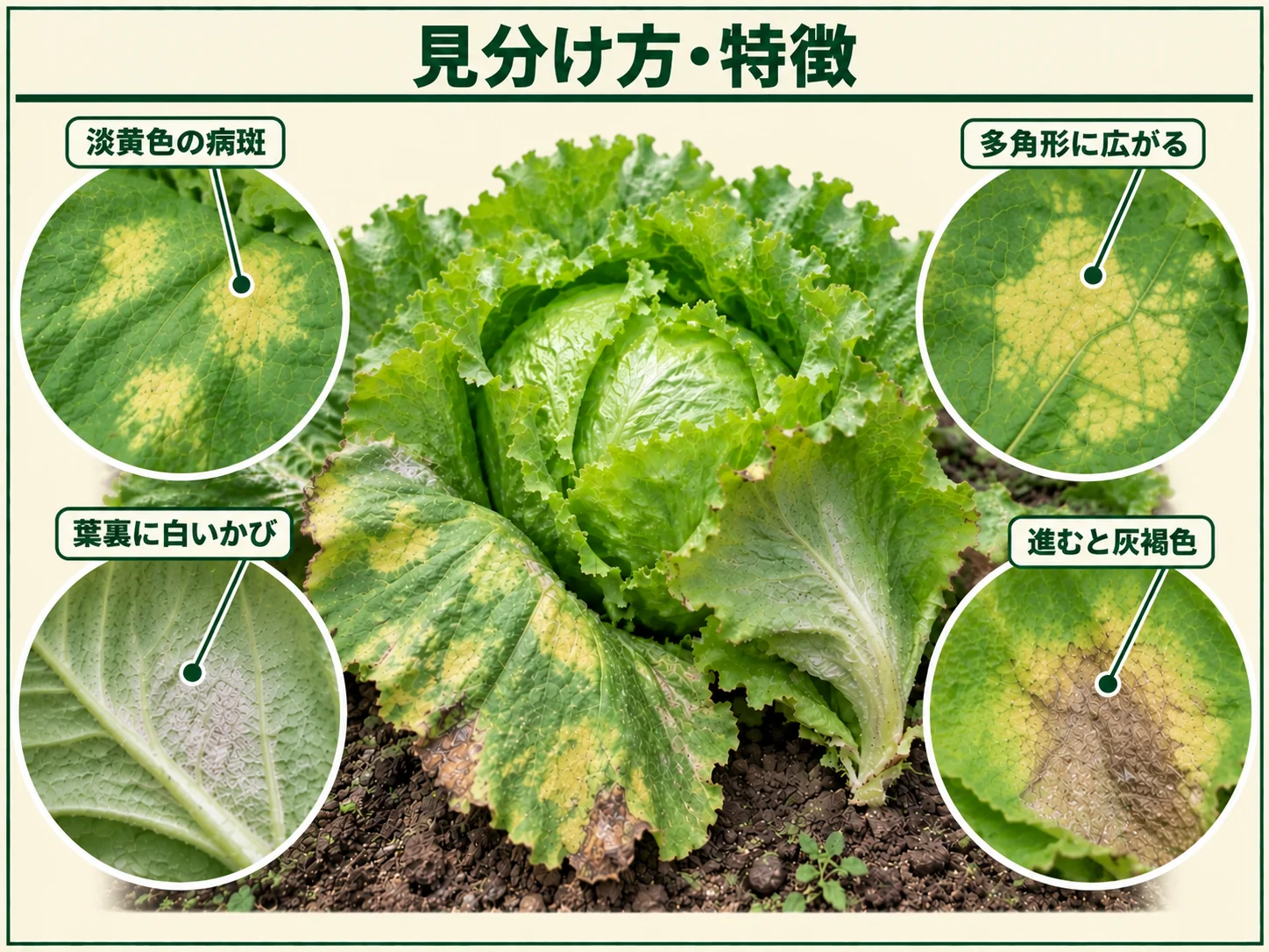 レタスべと病の見分け方として淡黄色の病斑、多角形に広がる病斑、葉裏の白いかび、灰褐色に変わる症状を示した図解