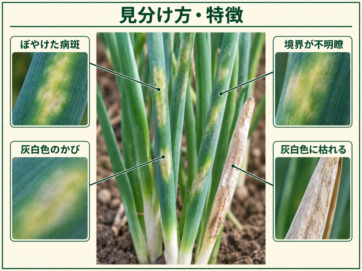 ネギべと病の見分け方としてぼやけた病斑、境界不明瞭、灰白色のかび、灰白色に枯れる症状を示した図解