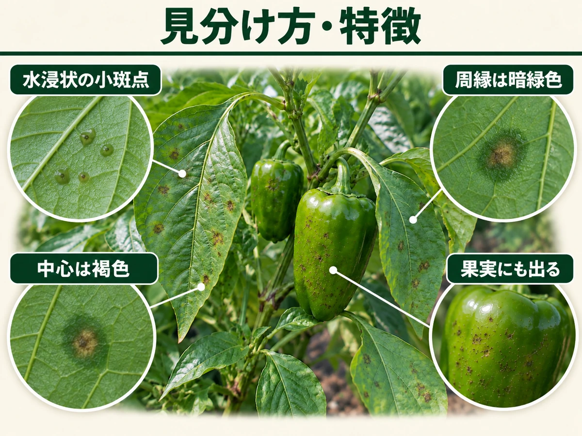 ピーマン斑点細菌病の見分け方として水浸状の小斑点、暗緑色の周縁、褐色の中心、果実の斑点を示した図解