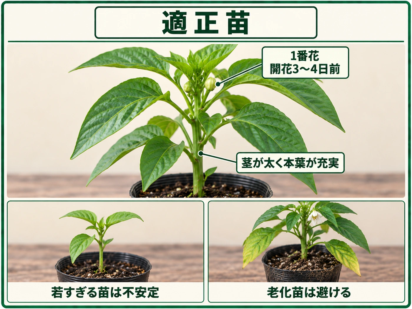 1番花が開花3〜4日前で本葉が充実したピーマンの適正苗と、若すぎる苗・老化苗の違い