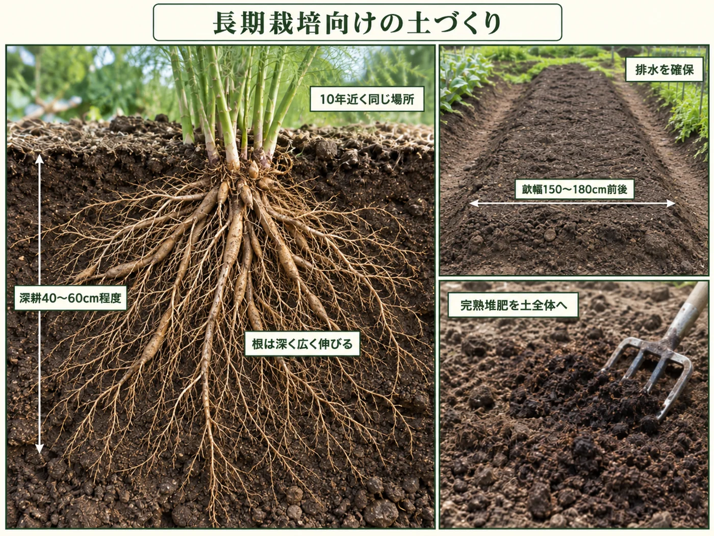 アスパラガスを長期栽培するため深さ40〜60cmに深耕し排水と堆肥を整える土づくり