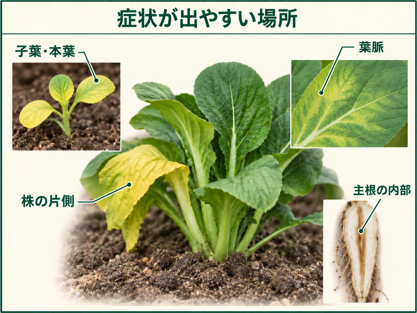 コマツナ萎黄病の症状が出やすい子葉、本葉、主根内部を示した図解