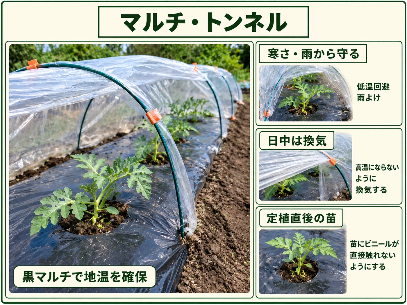 スイカの植え付け後に黒マルチとトンネルで地温を確保し保温する方法