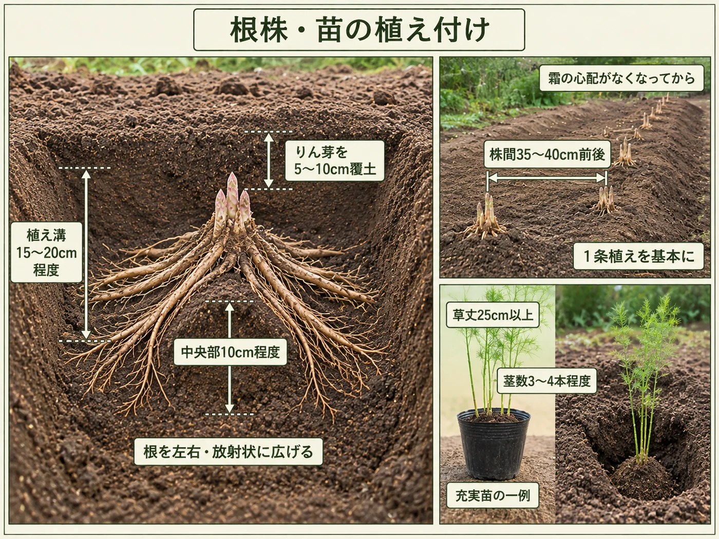 アスパラガスの根株を株間35〜40cmで根を広げて植え付ける方法と苗の植え付け