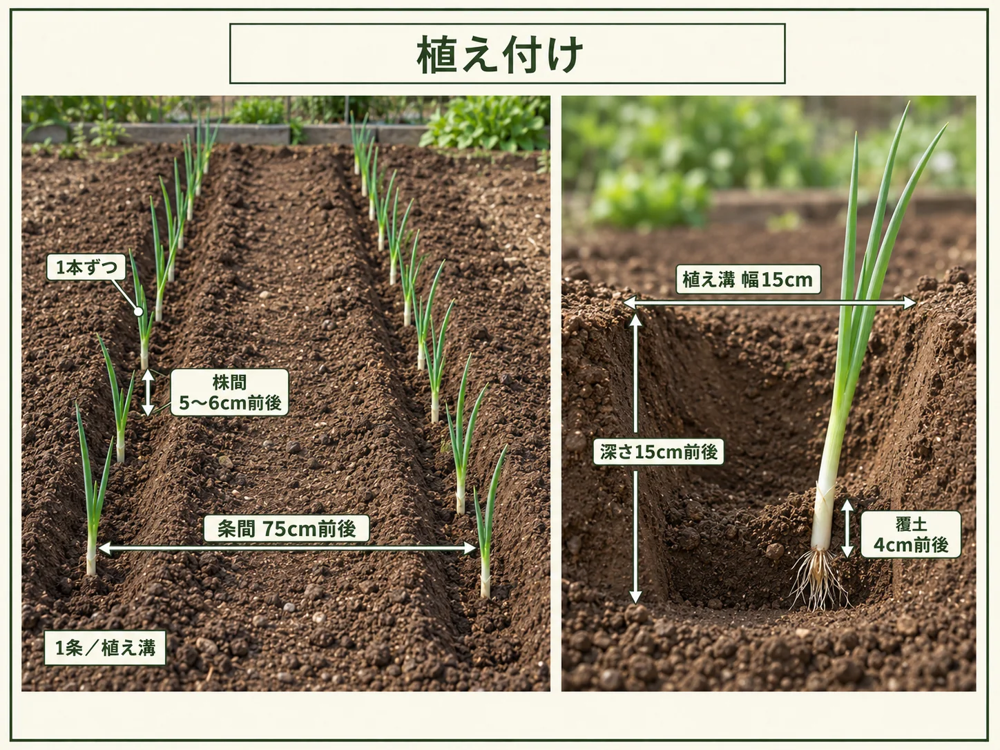 長ネギを幅15cm深さ15cm前後の植え溝へ株間5〜6cm、条間75cmで1本ずつ植える方法