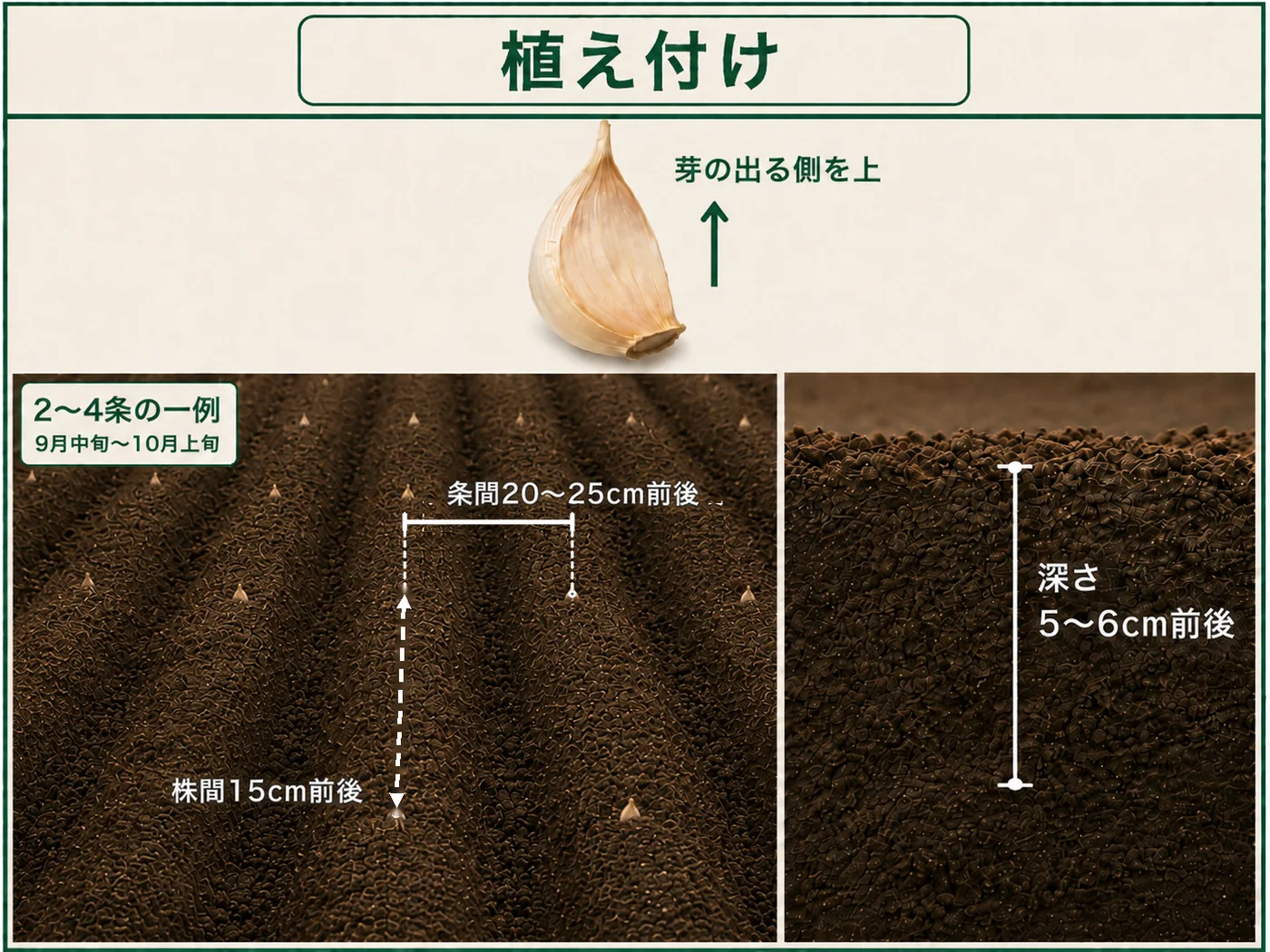 ニンニクの鱗片を芽を上にして株間15cm、条間20〜25cm、深さ5〜6cmで植える方法