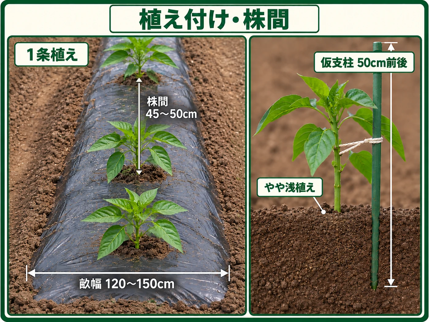 ピーマンを晩霜後、最低気温10℃・最低地温15℃以上で株間45〜50cm、畝幅120〜150cmの1条にやや浅植えする方法