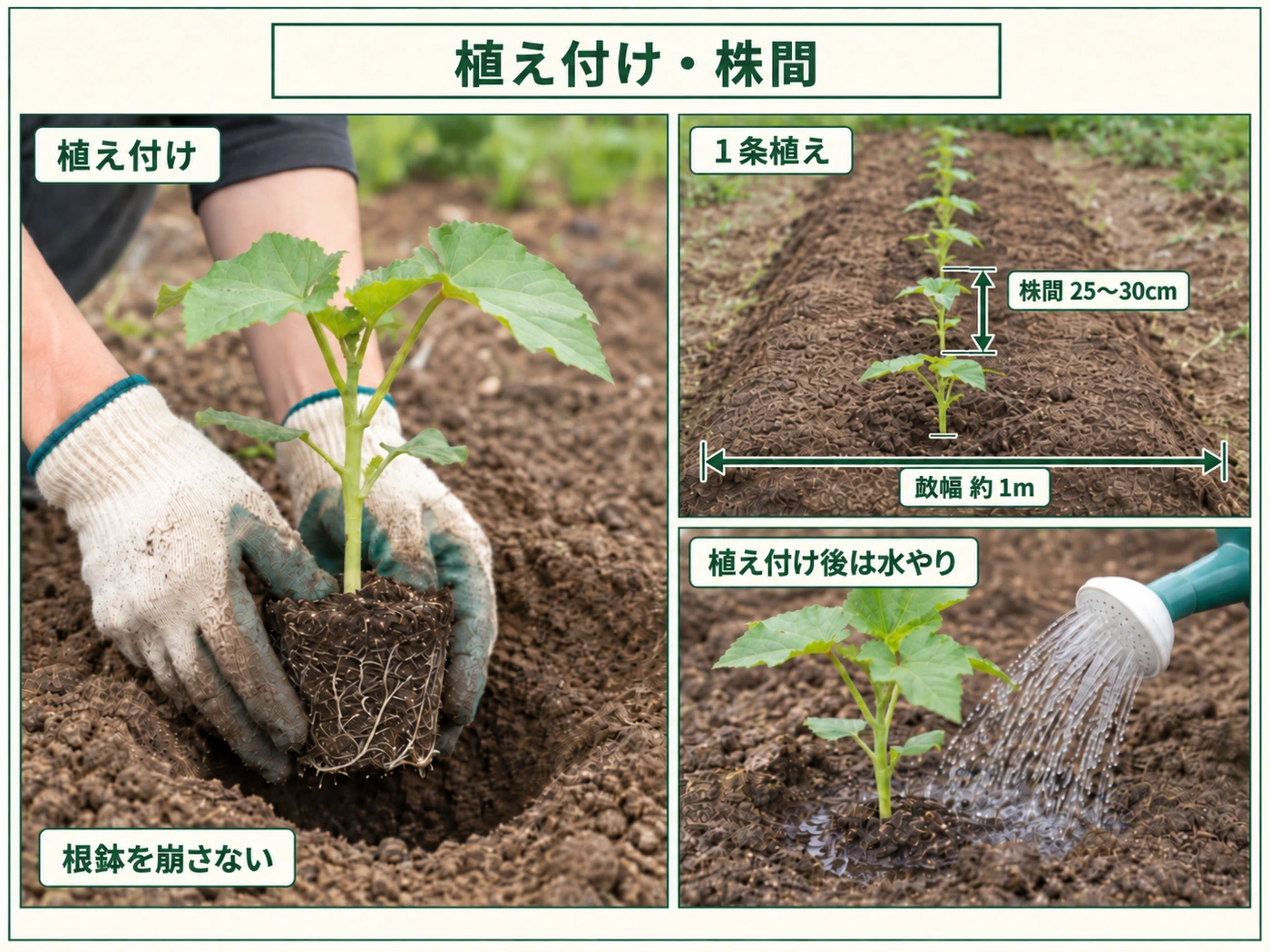 オクラ苗を株間25〜30cm・畝幅約1mの1条で植え付ける方法
