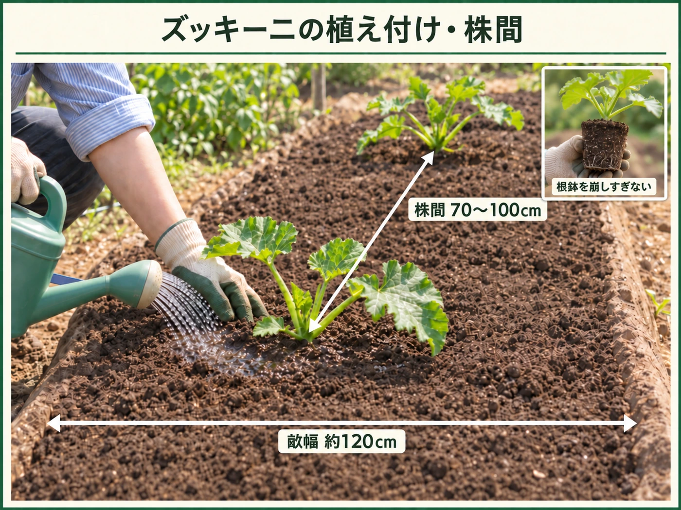 ズッキーニ苗を株間70〜100cm・畝幅約120cmで植え付ける方法