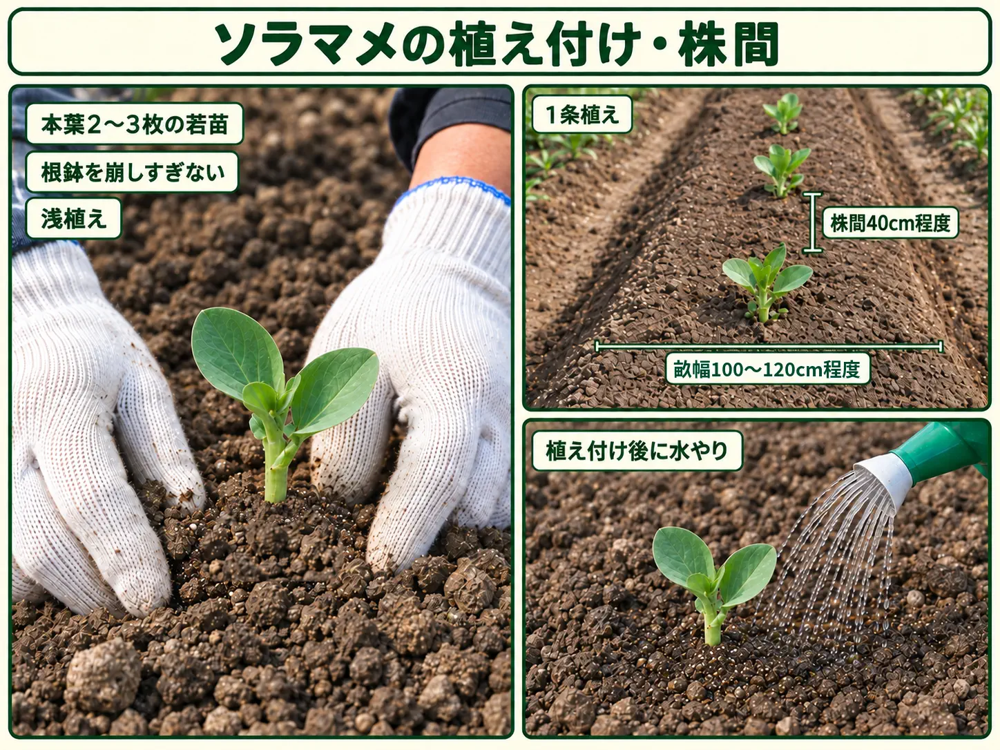 ソラマメの苗を植え付けて株間を確保する方法