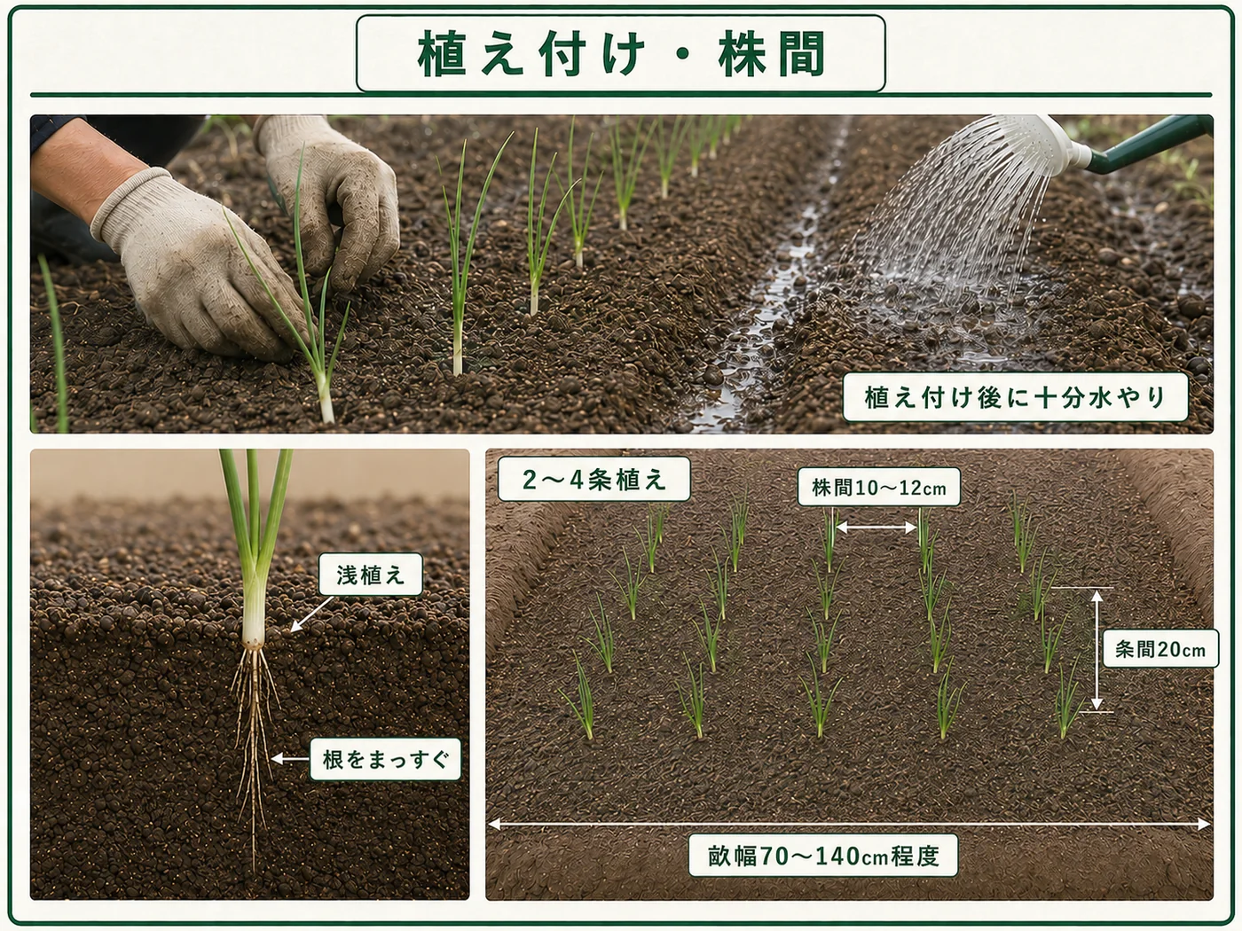 タマネギ苗を株間10〜12cm、条間20cmの2〜4条で浅植えする方法