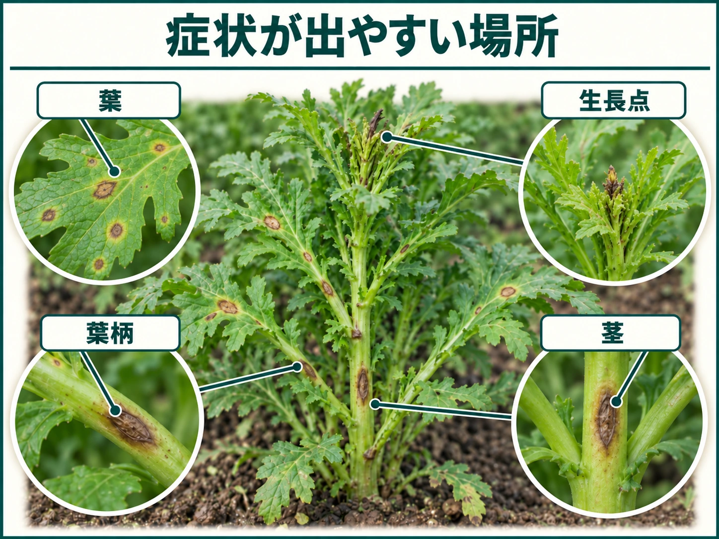 シュンギク炭疽病の症状が出やすい葉、葉柄、茎、生長点を示した図解