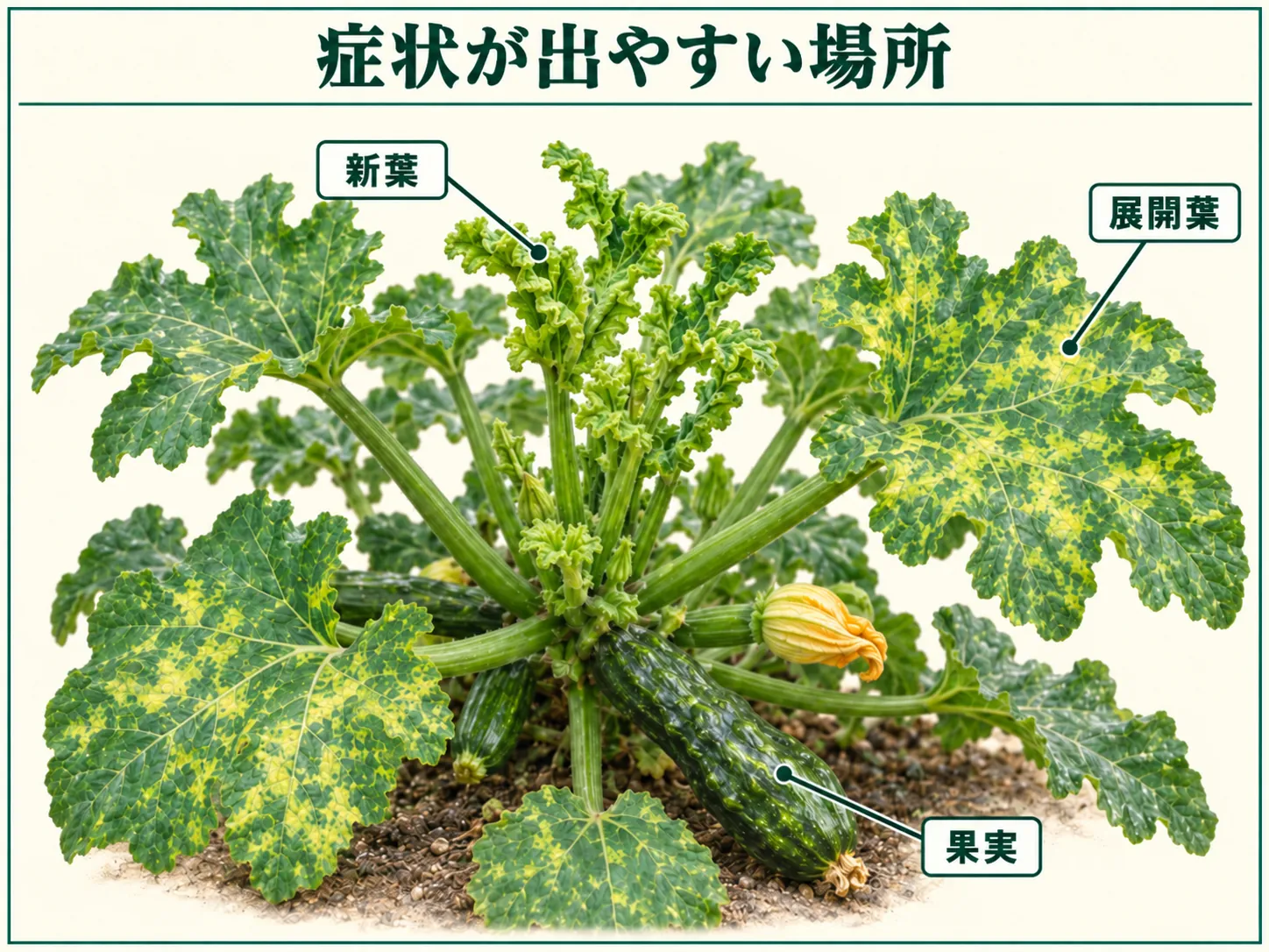 ズッキーニウイルス病の症状が出やすい新葉、展開葉、果実を示した図解