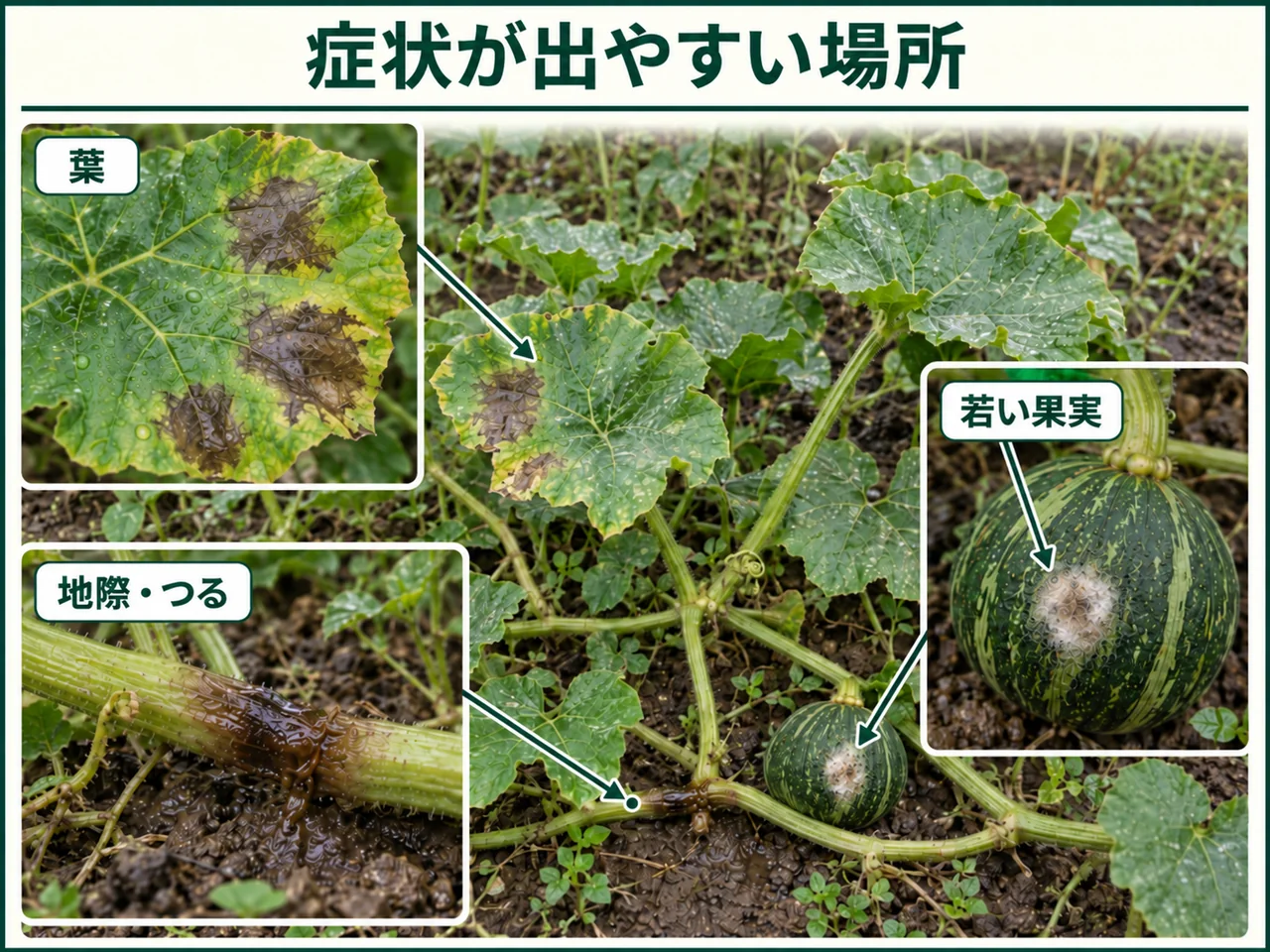 カボチャ疫病の症状が出やすい葉、地際のつる、若い果実を示した図解