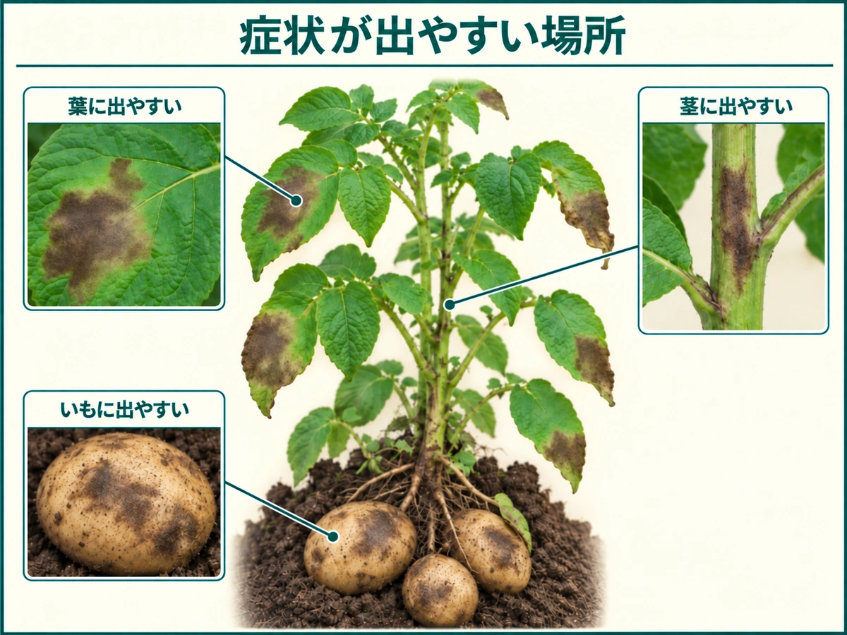 ジャガイモ疫病の症状が出やすい葉、茎、いもを示した図解