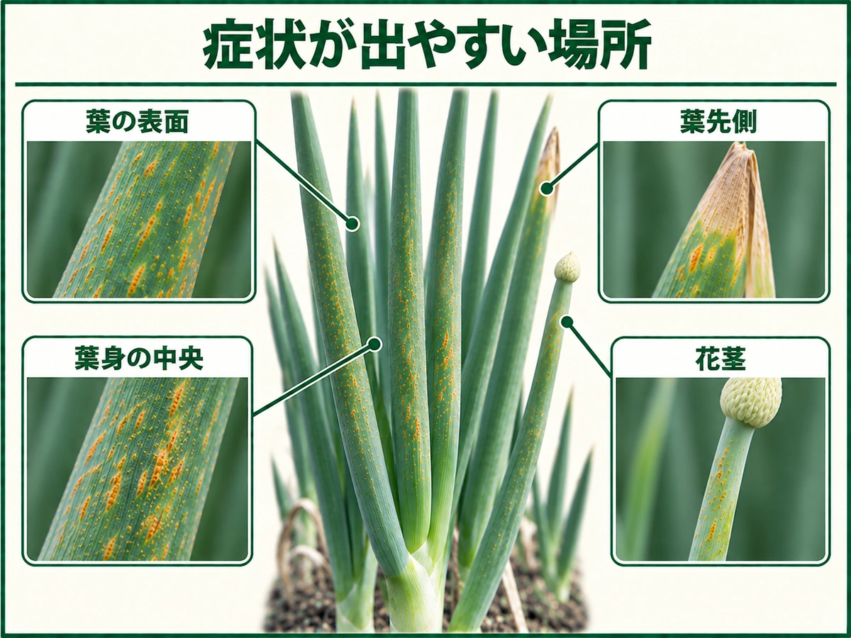 ネギさび病の症状が出やすい葉の表面、葉身の中央、葉先側、花茎を示した図解