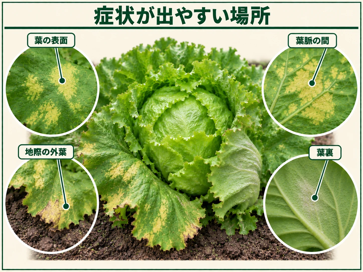 レタスべと病の症状が出やすい葉の表面、葉脈の間、地際の外葉、葉裏を示した図解