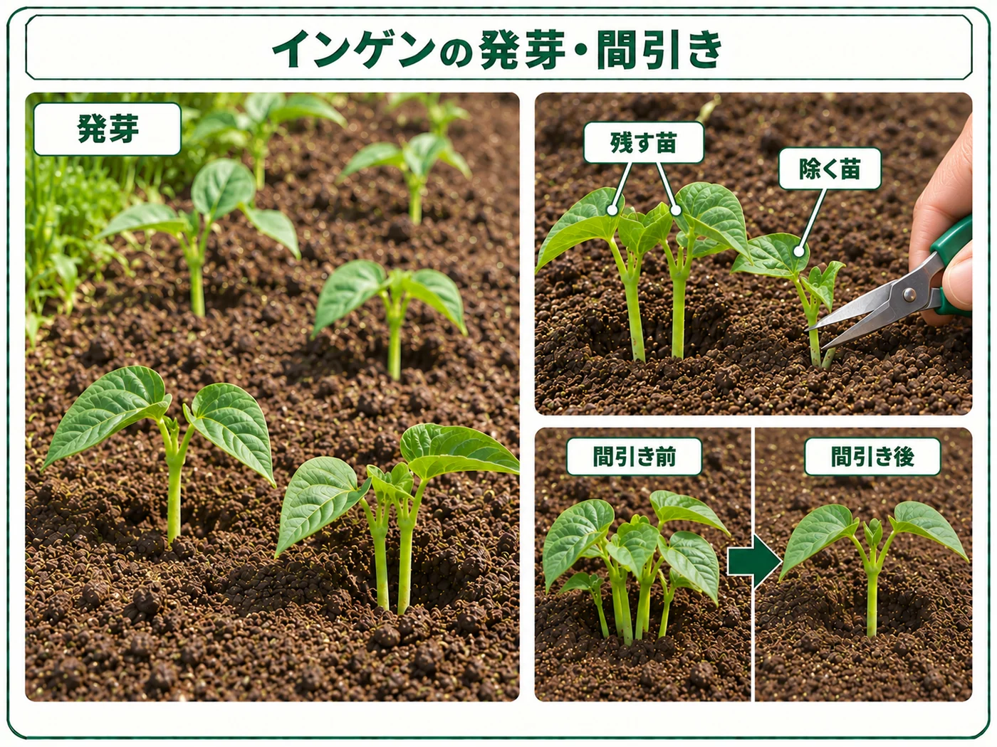 インゲンの発芽後に生育のよい苗を残して間引く方法