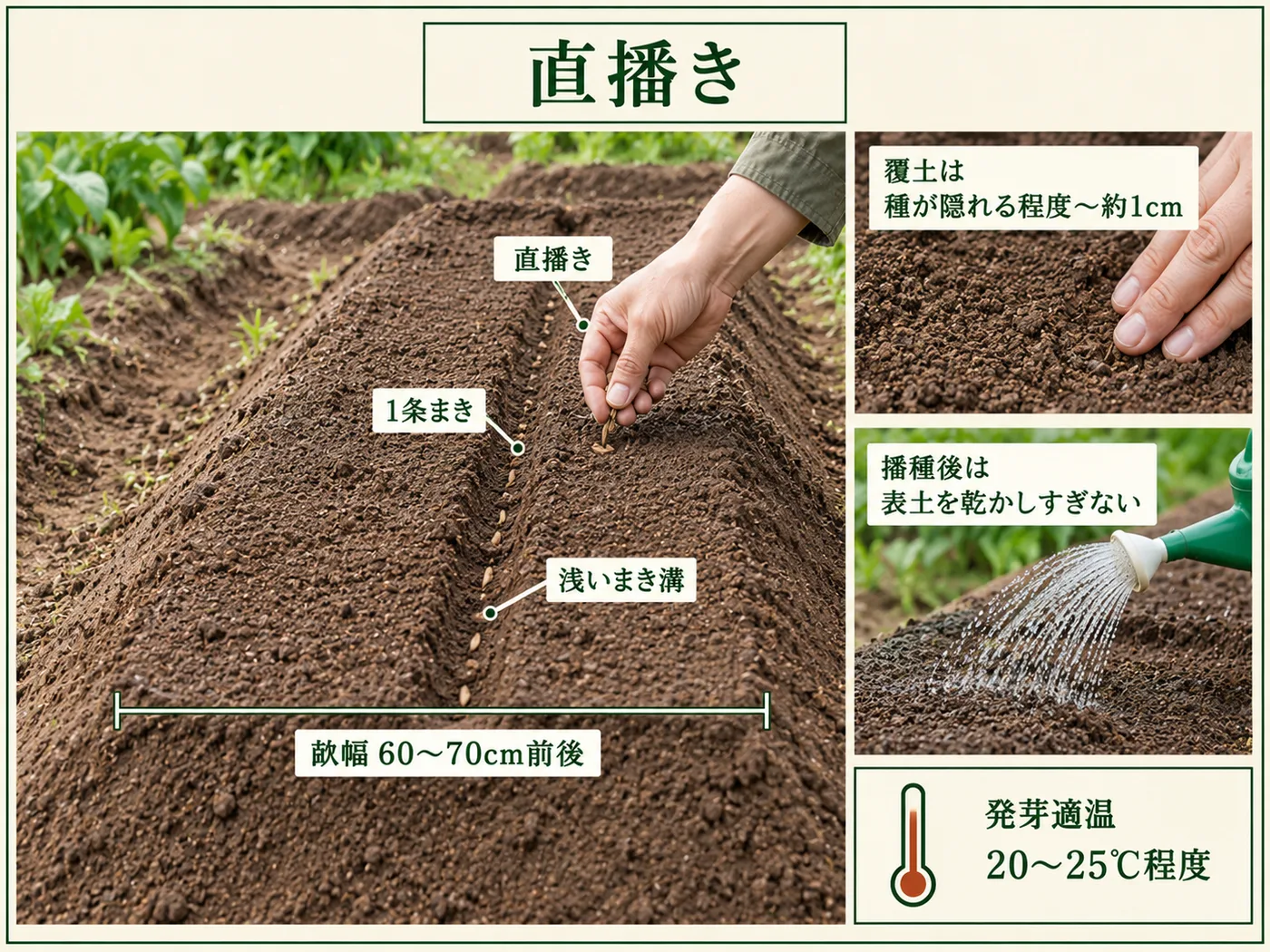 ゴボウを畝幅60〜70cm前後の高畝へ1条で直播きし薄く覆土する方法